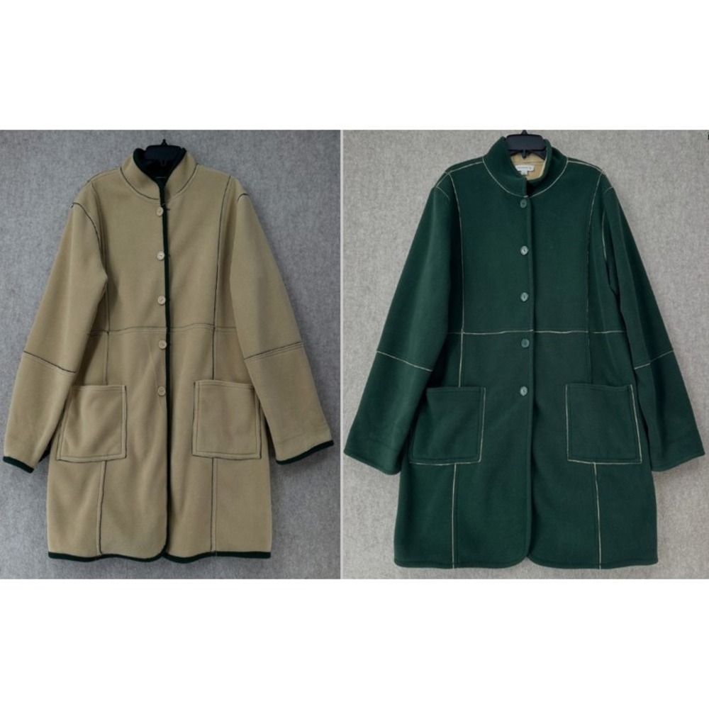 Susan Graver Reversible Cozy Fleece Long Line Jacket Green‎ / Tan Size LARGE